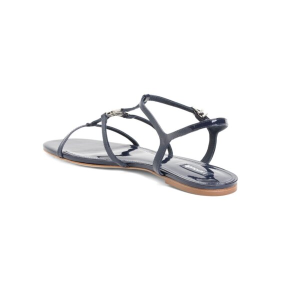 LARROUDE Navy Handmade In Brazil Patent Leather Hana Flat Sandals - Picture 2 of 2